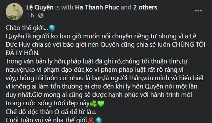 Sau ly hôn, Lệ Quyên vẫn coi chồng là người thân - Ảnh 1. Sau ly hôn, Lệ Quyên vẫn coi chồng là người thân - Ảnh 1.