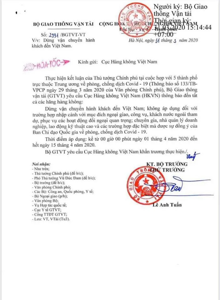 Dừng vận chuyển hành khách đến Việt Nam từ 0h ngày 1/4 đến hết 15/4 - Ảnh 1. Dừng vận chuyển hành khách đến Việt Nam từ 0h ngày 1/4 đến hết 15/4 - Ảnh 1.