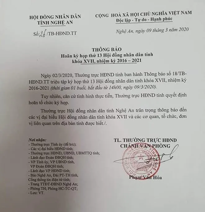 Nghệ An hoãn họp HĐND tỉnh phòng dịch COVID-19 - Ảnh 1. Nghệ An hoãn họp HĐND tỉnh phòng dịch COVID-19 - Ảnh 1.