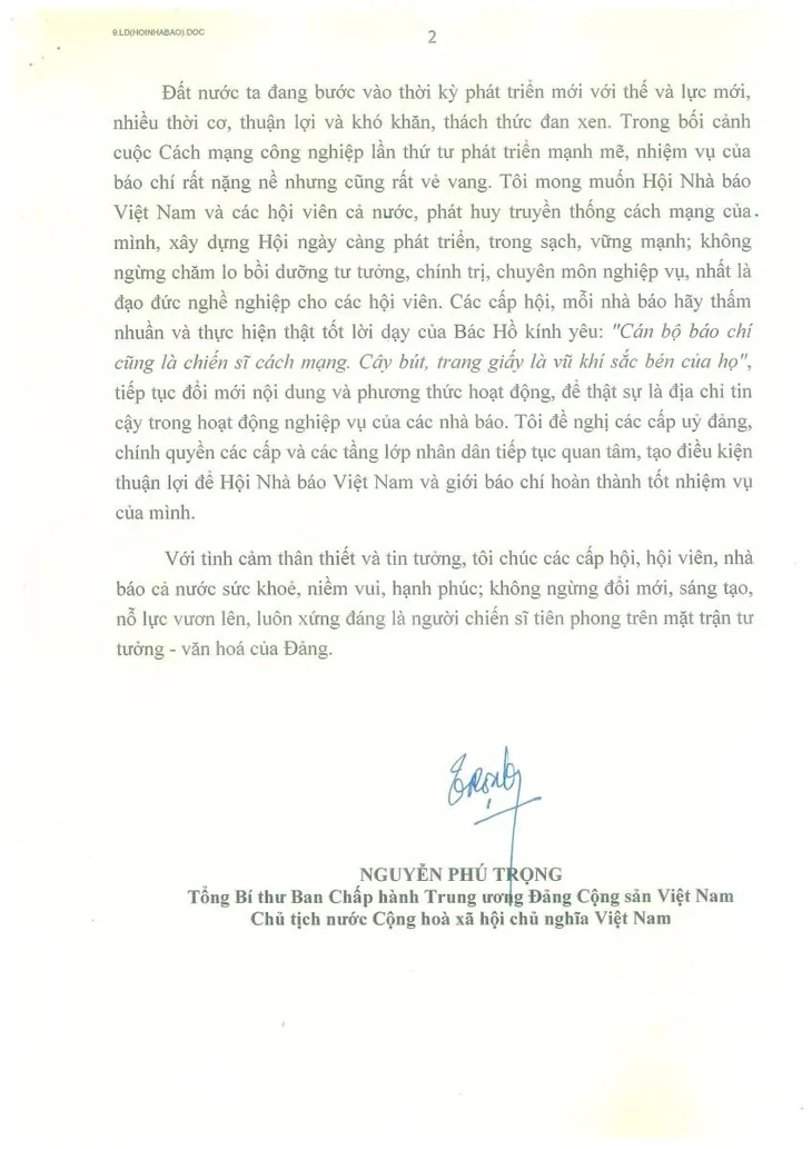 Thư chúc mừng của Tổng Bí thư, Chủ tịch nước Nguyễn Phú Trọng nhân kỷ niệm 70 năm Ngày thành lập Hội Nhà báo Việt Nam - Ảnh 2.