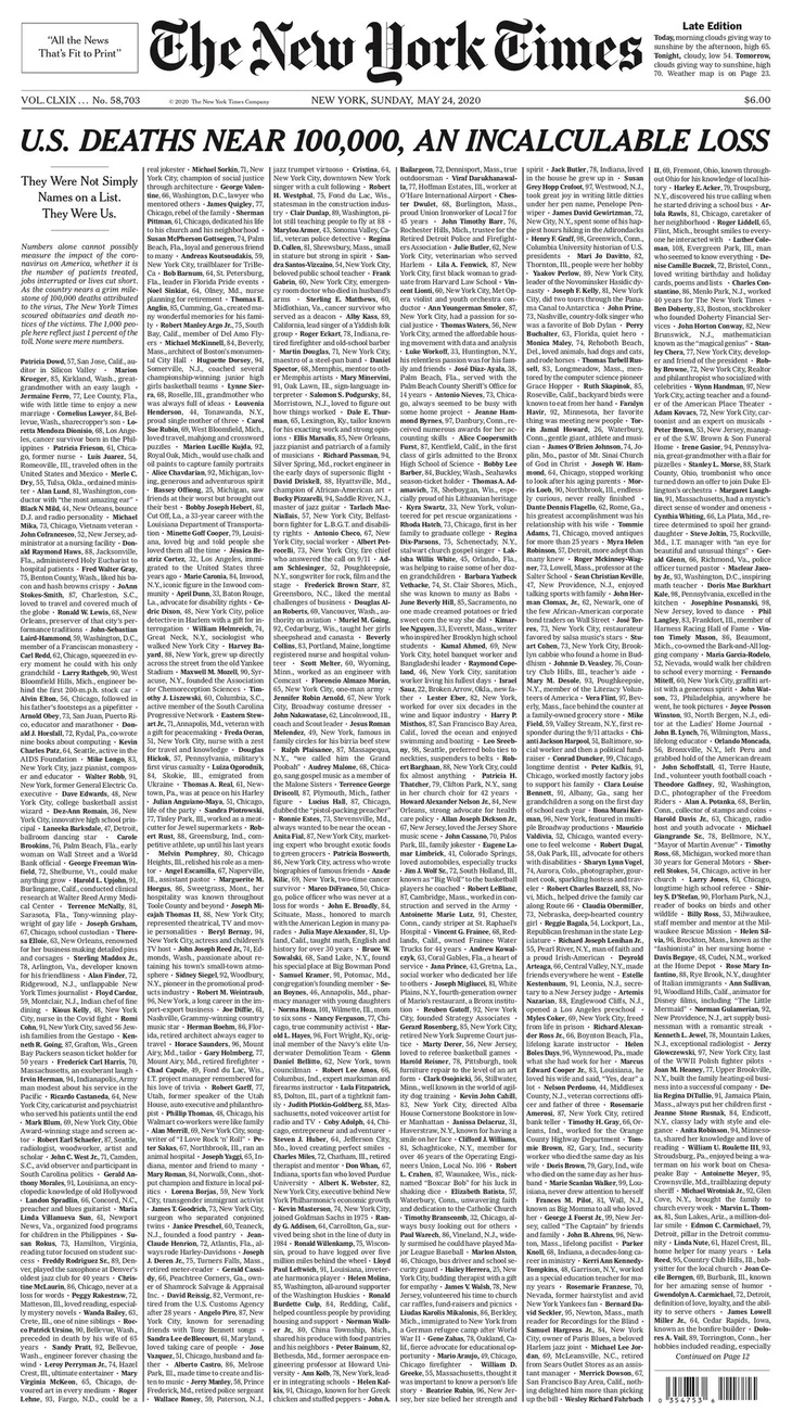 Ý nghĩa đặc biệt của trang nhất 1000 cáo phó gây choáng trên New York Times - Ảnh 1. Ý nghĩa đặc biệt của trang nhất 1000 cáo phó gây choáng trên New York Times - Ảnh 1.