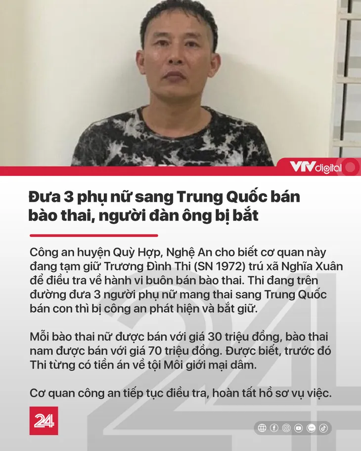 Tin nóng đầu ngày 16/6: Đưa 3 phụ nữ sang Trung Quốc bán bào thai, người đàn ông bị bắt - Ảnh 1. Tin nóng đầu ngày 16/6: Đưa 3 phụ nữ sang Trung Quốc bán bào thai, người đàn ông bị bắt - Ảnh 1.