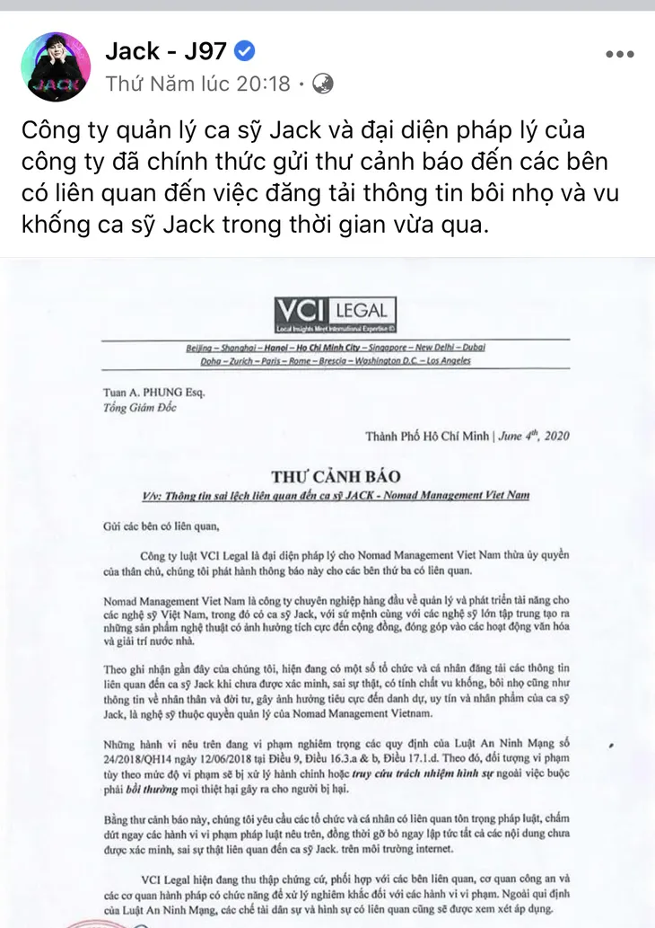 Ca sĩ Jack cảnh báo cá nhân và tổ chức tung tin vu khống, bôi nhọ - Ảnh 1. Ca sĩ Jack cảnh báo cá nhân và tổ chức tung tin vu khống, bôi nhọ - Ảnh 1.