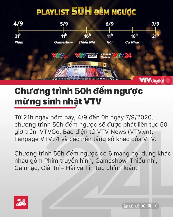 Tin nóng đầu ngày 4/9: Đón xem chương trình 50h đếm ngược mừng sinh nhật VTV - Ảnh 1. Tin nóng đầu ngày 4/9: Đón xem chương trình 50h đếm ngược mừng sinh nhật VTV - Ảnh 1.