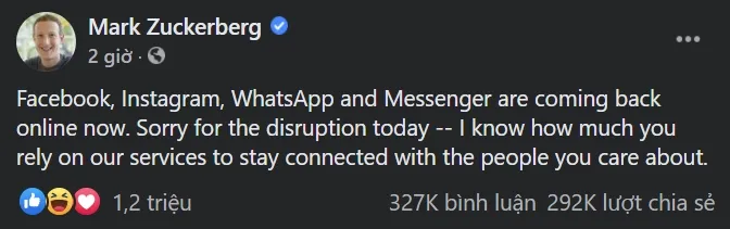 Facebook đã hoạt động bình thường, CEO Mark Zuckerberg lên tiếng xin lỗi - Ảnh 1. Facebook đã hoạt động bình thường, CEO Mark Zuckerberg lên tiếng xin lỗi - Ảnh 1.