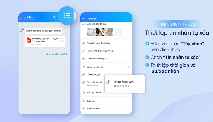 Zalo cập nhật tin nhắn tự xóa trên cả máy tính và điện thoại - Ảnh 2. Zalo cập nhật tin nhắn tự xóa trên cả máy tính và điện thoại - Ảnh 2.