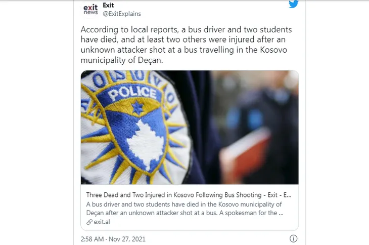 Xả súng trên xe bus ở Kosovo khiến nhiều người thiệt mạng, bao gồm cả học sinh - Ảnh 1. Xả súng trên xe bus ở Kosovo khiến nhiều người thiệt mạng, bao gồm cả học sinh - Ảnh 1.