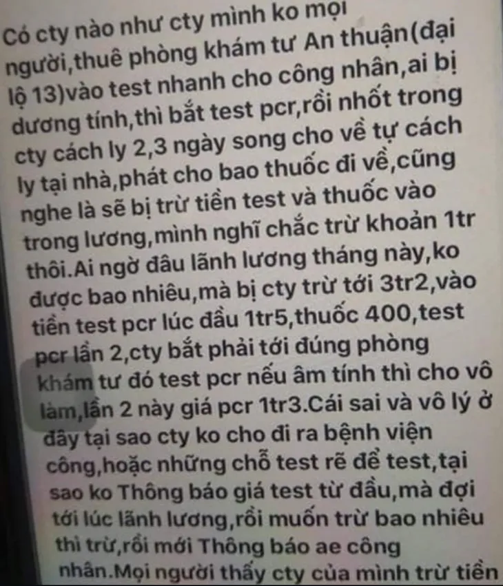 Làm rõ vụ công nhân bị trừ lương đến 4,5 triệu đồng tiền xét nghiệm COVID-19 - Ảnh 1. Làm rõ vụ công nhân bị trừ lương đến 4,5 triệu đồng tiền xét nghiệm COVID-19 - Ảnh 1.