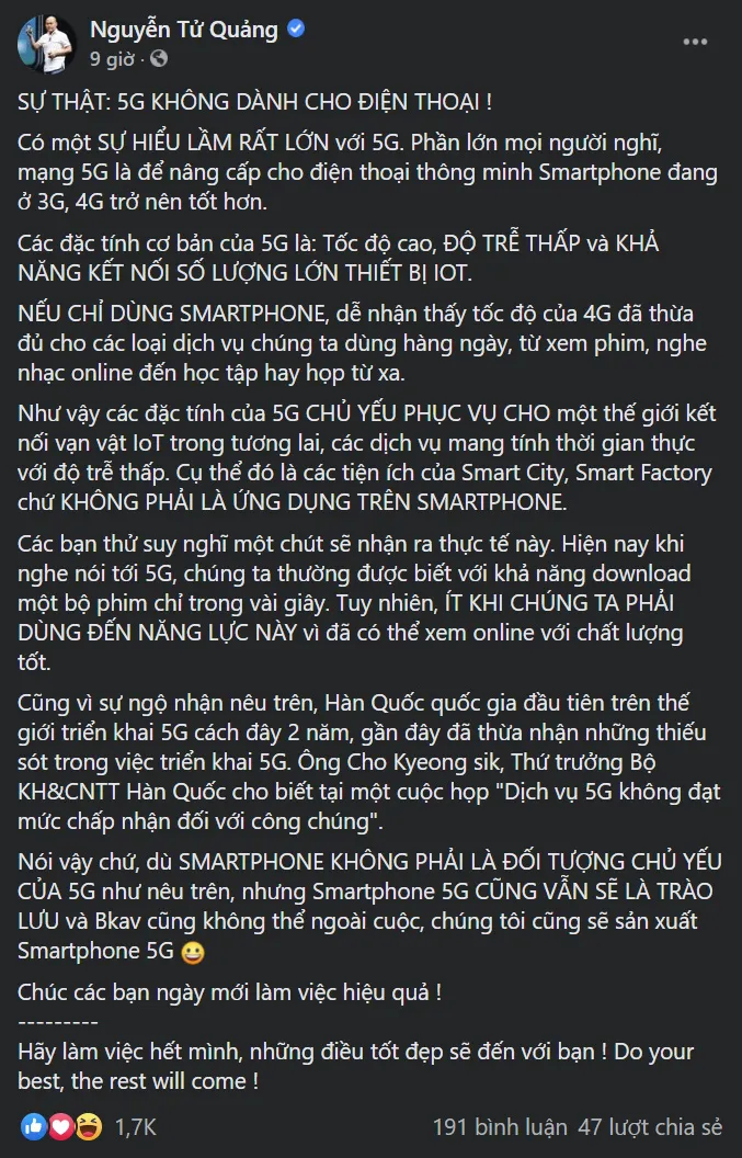 CEO Nguyễn Tử Quảng: 5G không dành cho điện thoại nhưng Bkav vẫn sản xuất smartphone 5G - Ảnh 1. CEO Nguyễn Tử Quảng: 5G không dành cho điện thoại nhưng Bkav vẫn sản xuất smartphone 5G - Ảnh 1.