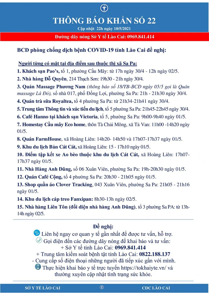 Tìm người đến 15 địa điểm liên quan ca bệnh COVID-19 tại Sa Pa - Ảnh 1. Tìm người đến 15 địa điểm liên quan ca bệnh COVID-19 tại Sa Pa - Ảnh 1.