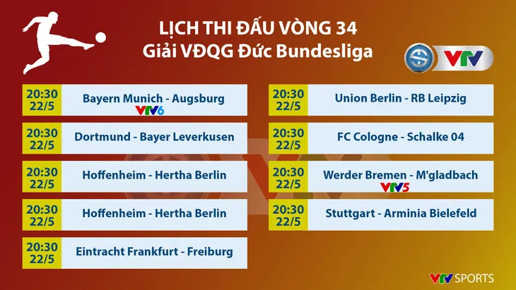 Lịch thi đấu & trực tiếp vòng 34 Bundesliga: Bayern Munich - Augsburg, Bremen - Monchengladbach - Ảnh 1. Lịch thi đấu & trực tiếp vòng 34 Bundesliga: Bayern Munich - Augsburg, Bremen - Monchengladbach - Ảnh 1.