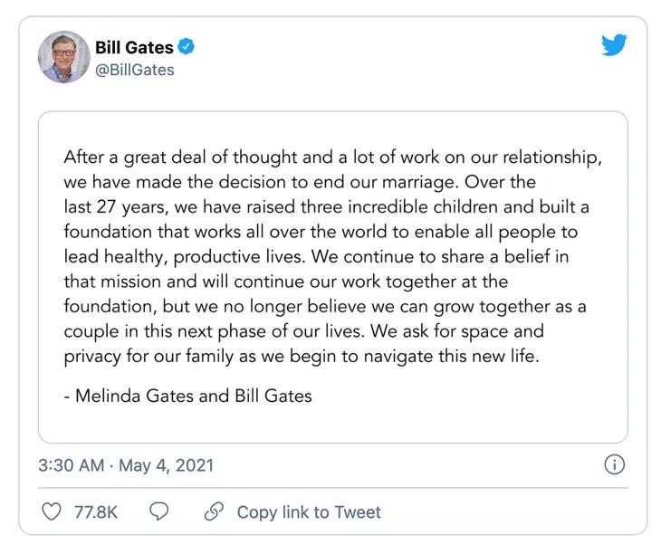 Tỷ phú Bill Gates thông báo ly hôn - Ảnh 1. Tỷ phú Bill Gates thông báo ly hôn - Ảnh 1.