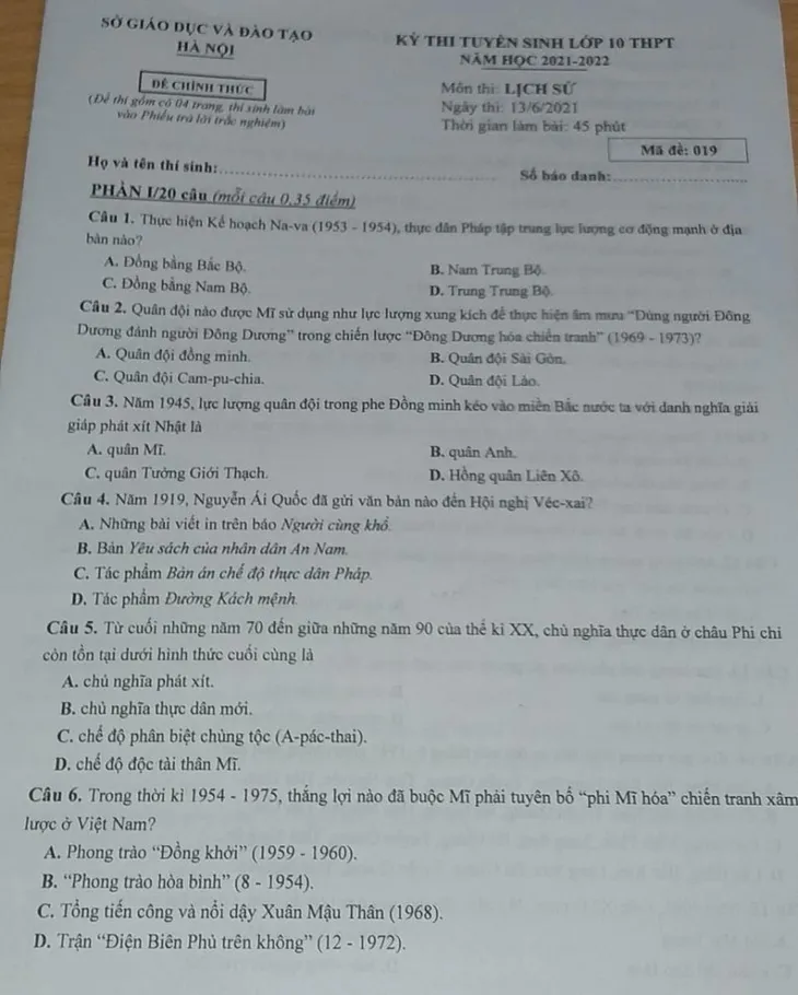 Gợi ý đáp án môn Lịch sử thi vào lớp 10 Hà Nội - Ảnh 1. Gợi ý đáp án môn Lịch sử thi vào lớp 10 Hà Nội - Ảnh 1.