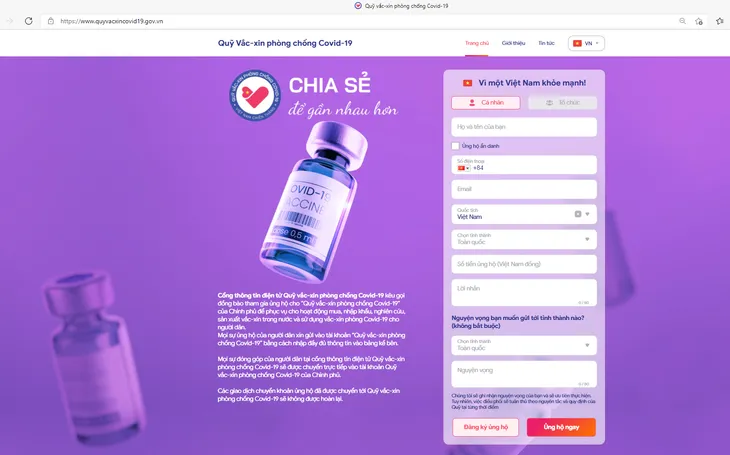 Ủng hộ Quỹ vaccine phòng COVID-19 dễ dàng qua website chính thức - Ảnh 2. Ủng hộ Quỹ vaccine phòng COVID-19 dễ dàng qua website chính thức - Ảnh 2.