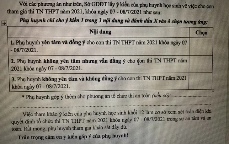 TP Hồ Chí Minh xin ý kiến phụ huynh đồng ý cho con thi tốt nghiệp THPT 2021 đợt 1 hay không - Ảnh 1.