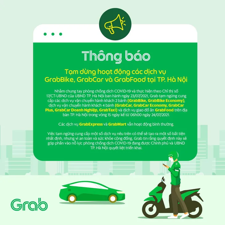 Grab, Now thông báo dừng chở khách, giao đồ ăn tại Hà Nội - Ảnh 1. Grab, Now thông báo dừng chở khách, giao đồ ăn tại Hà Nội - Ảnh 1.