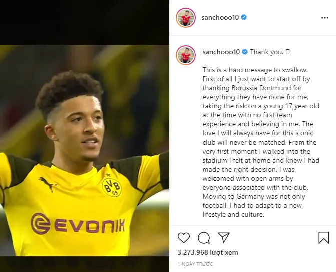 Jadon Sancho viết tâm thư đầy tình cảm chia tay Dortmund - Ảnh 1. Jadon Sancho viết tâm thư đầy tình cảm chia tay Dortmund - Ảnh 1.
