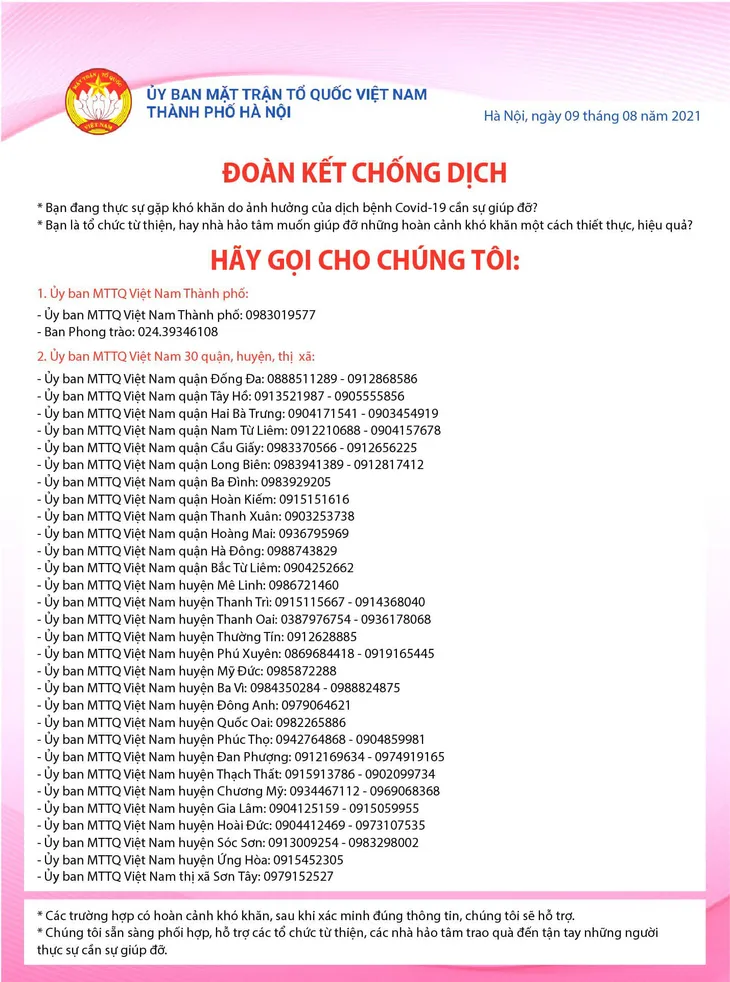 Hà Nội: Công bố các số đường dây nóng hỗ trợ người gặp khó khăn vì COVID-19 - Ảnh 1. Hà Nội: Công bố các số đường dây nóng hỗ trợ người gặp khó khăn vì COVID-19 - Ảnh 1.