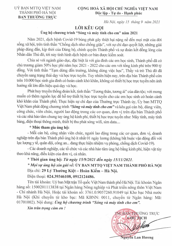 Ủy ban MTTQ Việt Nam TP Hà Nội ra lời kêu gọi ủng hộ chương trình Sóng và máy tính cho em - Ảnh 2.
