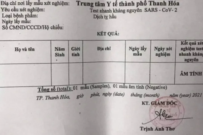 Thanh Hóa: Thu hồi hơn 1.700 giấy xét nghiệm âm tính không ghi thông tin cá nhân - Ảnh 1. Thanh Hóa: Thu hồi hơn 1.700 giấy xét nghiệm âm tính không ghi thông tin cá nhân - Ảnh 1.