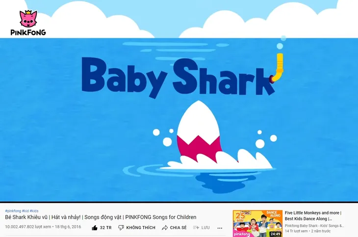 Baby Shark Dance vượt mốc 10 tỷ lượt xem trên YouTube - Ảnh 1. Baby Shark Dance vượt mốc 10 tỷ lượt xem trên YouTube - Ảnh 1.