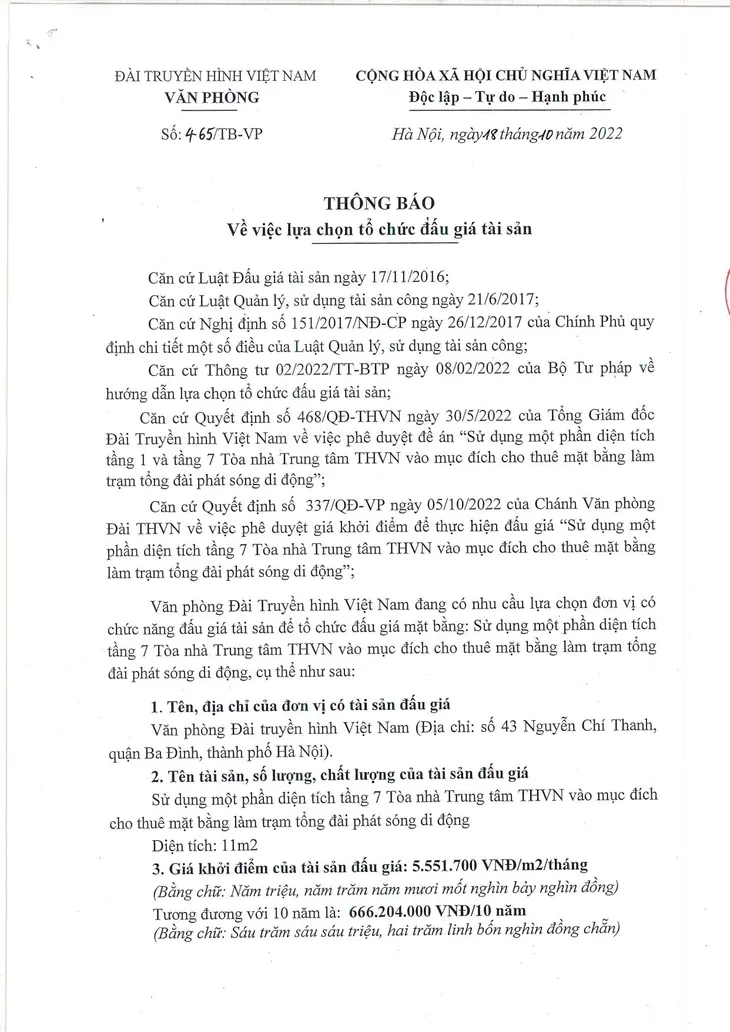 Đài THVN thông báo về việc lựa chọn tổ chức đấu giá tài sản - Ảnh 1.