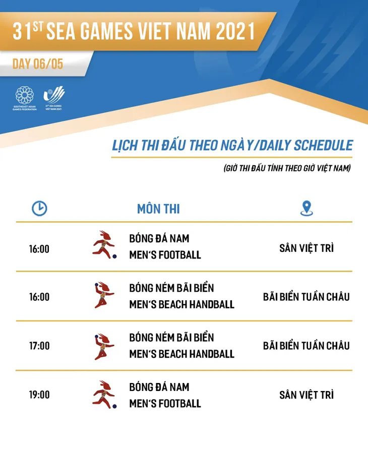 Lịch thi đấu SEA Games 31 ngày 6/5: Bóng đá nam và bóng ném bãi biển chính thức tranh tài - Ảnh 3. Lịch thi đấu SEA Games 31 ngày 6/5: Bóng đá nam và bóng ném bãi biển chính thức tranh tài - Ảnh 3.
