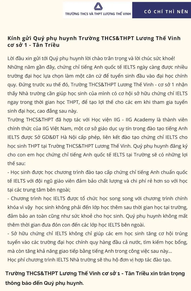Hà Nội: Phụ huynh bức xúc vì trường ép học sinh đăng ký học IELTS - Ảnh 1. Hà Nội: Phụ huynh bức xúc vì trường ép học sinh đăng ký học IELTS - Ảnh 1.