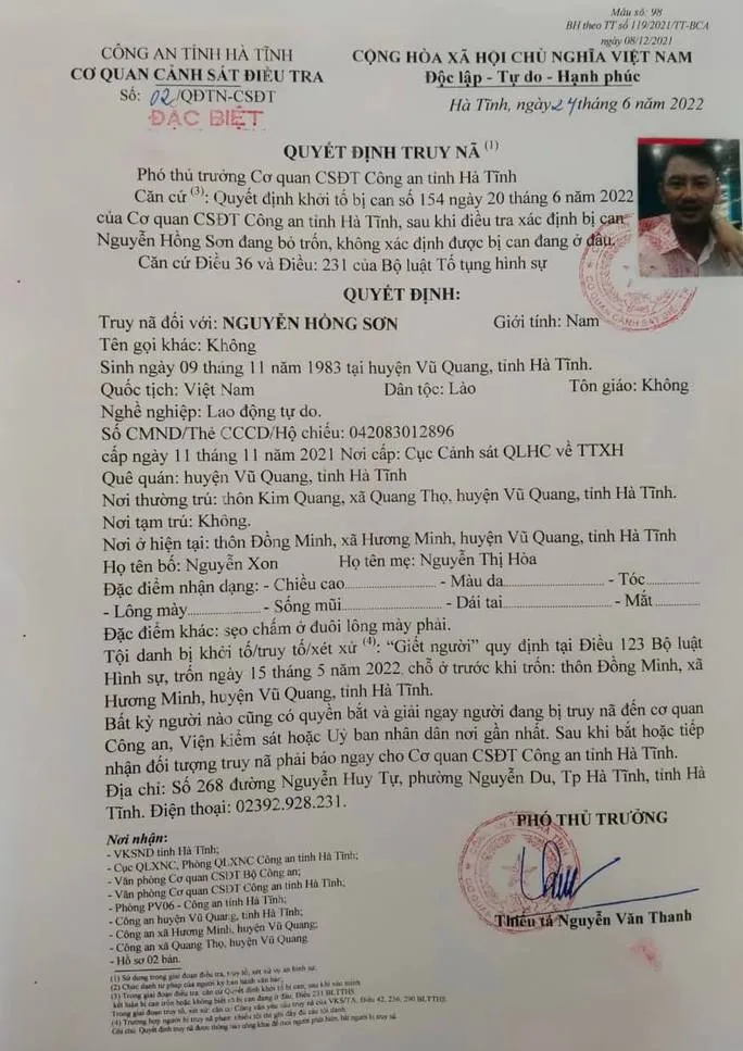 Truy nã đối tượng gây ra vụ án kinh hoàng tại Trạm kiểm lâm Sao La - Ảnh 1. Truy nã đối tượng gây ra vụ án kinh hoàng tại Trạm kiểm lâm Sao La - Ảnh 1.