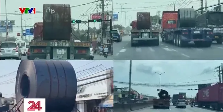 Khó xử lý xe chở cuộn tôn, thép chằng buộc không chắc chắn - Ảnh 1. Khó xử lý xe chở cuộn tôn, thép chằng buộc không chắc chắn - Ảnh 1.