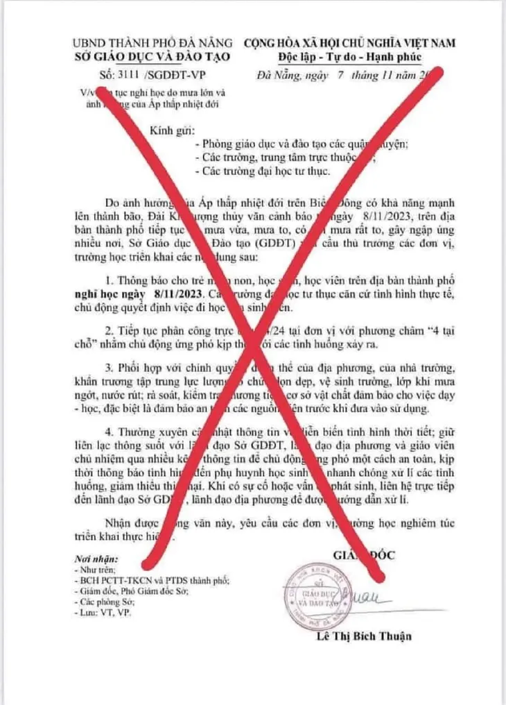 Đà Nẵng: Xuất hiện văn bản giả mạo cho học sinh nghỉ học ngày 8/11 - Ảnh 1. Đà Nẵng: Xuất hiện văn bản giả mạo cho học sinh nghỉ học ngày 8/11 - Ảnh 1.