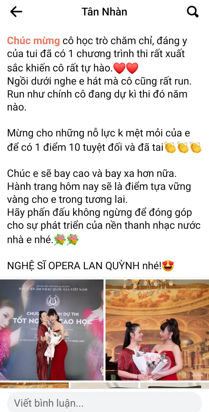 Ca sĩ Tân Nhàn chúc mừng Quán quân Sao Mai 2022 Lan Quỳnh vì thành tựu mới - Ảnh 2. Ca sĩ Tân Nhàn chúc mừng Quán quân Sao Mai 2022 Lan Quỳnh vì thành tựu mới - Ảnh 2.