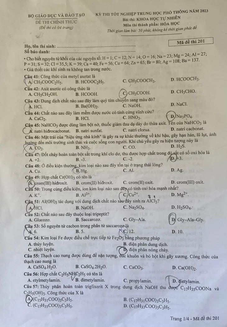 Đề thi và gợi ý đáp án môn Hóa học Kỳ thi tốt nghiệp THPT 2023 - Ảnh 1. Đề thi và gợi ý đáp án môn Hóa học Kỳ thi tốt nghiệp THPT 2023 - Ảnh 1.