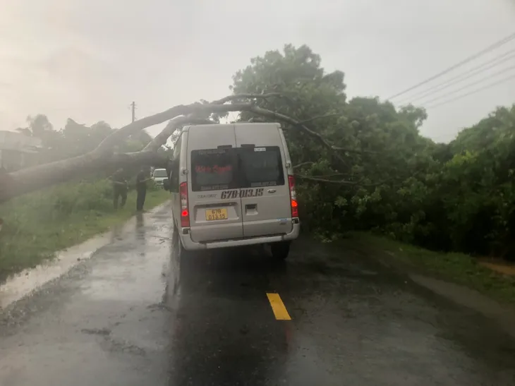 Kiên Giang: Gió lốc làm bật gốc cây đè bẹp ô tô 16 chỗ - Ảnh 1. Kiên Giang: Gió lốc làm bật gốc cây đè bẹp ô tô 16 chỗ - Ảnh 1.