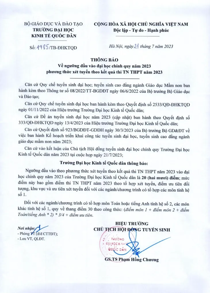 Trường Đại học Kinh tế Quốc dân công bố điểm chuẩn xét tuyển năm 2023 - Ảnh 1.
