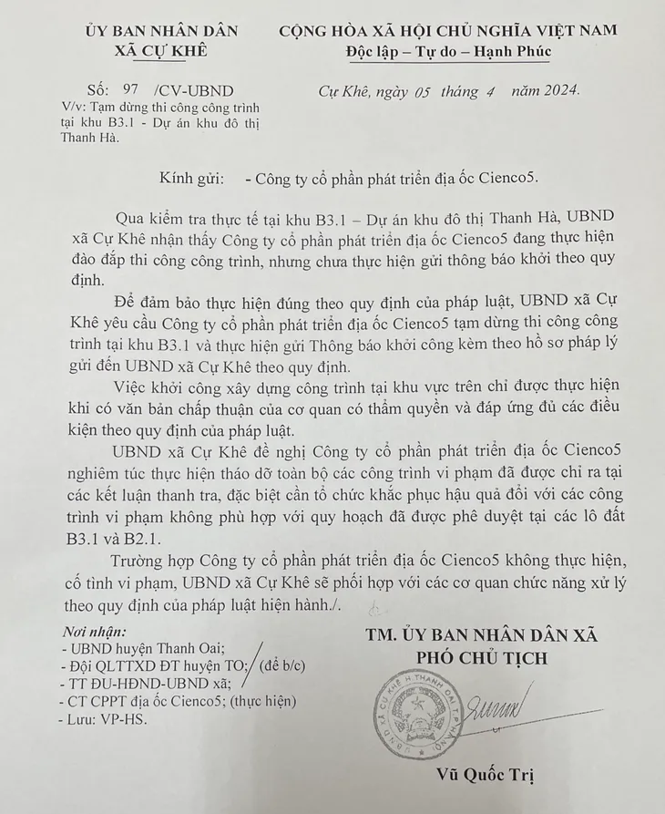Dự án khu đô thị Thanh Hà Cienco5 thi công không phép dù bị xã tuýt còi - Ảnh 2. Dự án khu đô thị Thanh Hà Cienco5 thi công không phép dù bị xã tuýt còi - Ảnh 2.