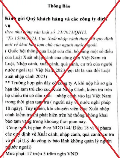 Thông tin xử phạt người nước ngoài xuất cảnh khỏi Việt Nam không khai báo tạm vắng là sai sự thật - Ảnh 1. Thông tin xử phạt người nước ngoài xuất cảnh khỏi Việt Nam không khai báo tạm vắng là sai sự thật - Ảnh 1.