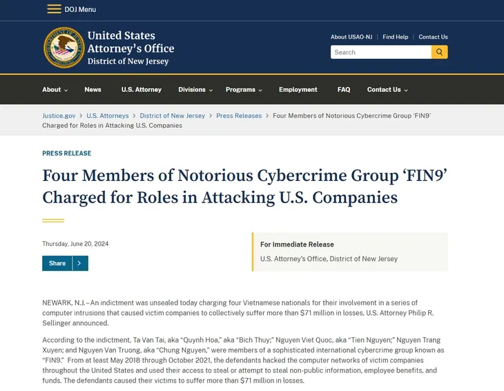 Nhóm hacker người Việt bị cáo buộc tấn công mạng ở Mỹ, gây thiệt hại 71 triệu USD - Ảnh 1. Nhóm hacker người Việt bị cáo buộc tấn công mạng ở Mỹ, gây thiệt hại 71 triệu USD - Ảnh 1.