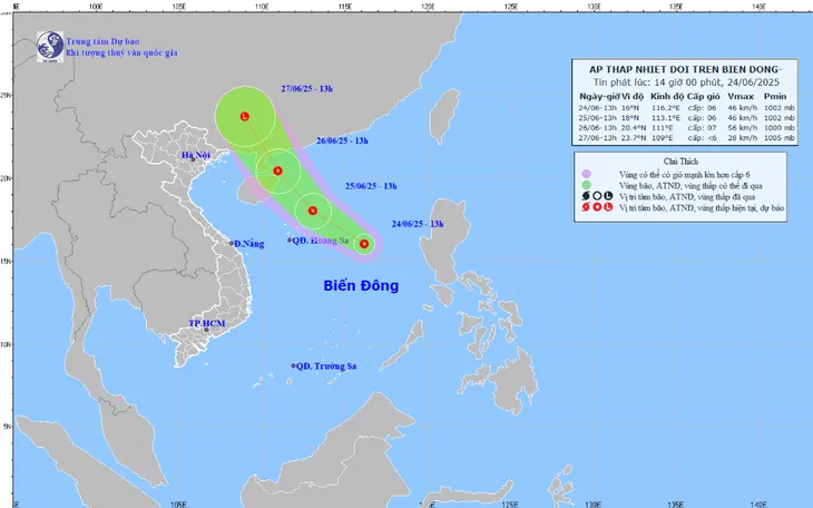 Bản đồ dự báo quỹ đạo và cường độ áp thấp nhiệt đới lúc 14h00 ngày 24/6/2025. (Ảnh: kttv.gov.vn)