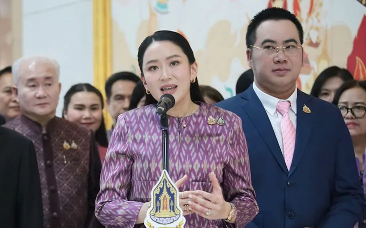 Bà Paetongtarn Shinawatra phát biểu trong lễ nhậm chức tại Bộ Văn hóa, ngày 4/7/2025. (Ảnh KHAOSOD/Yingyos Akmanachai)