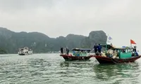 Floating styrofoam buoys in Ha Long Bay collected