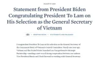 US President congratulates Vietnamese Party General Secretary, President