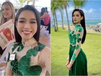 Đỗ Thị Hà diện áo dài 'Rau má', tặng quà cho các thí sinh Miss World 2021