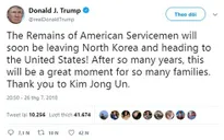 Ông Trump cảm ơn nhà lãnh đạo Triều Tiên trao trả hài cốt binh sĩ Mỹ