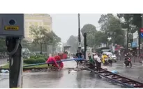 Cổng chào đổ sập vì dông mạnh, người đi đường thoát nạn trong gang tấc