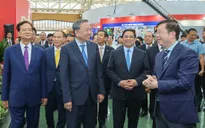 Tổng Bí thư và Thủ tướng tham quan gian trưng bày của VTV tại Triển lãm 80 năm Hành trình Độc lập - Tự do - Hạnh phúc
