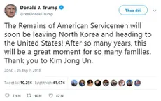 Ông Trump cảm ơn nhà lãnh đạo Triều Tiên trao trả hài cốt binh sĩ Mỹ