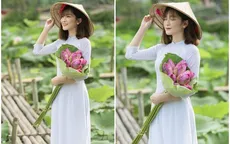 Thiếu nữ quê quan họ Bắc Ninh tinh khôi bên hoa sen