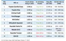 Top 10 mẫu ô tô bán chạy nhất tháng 11/2021