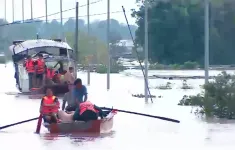 Dùng bè tre để vận chuyển hàng cứu trợ tới người dân vùng lũ tại Hưng Yên